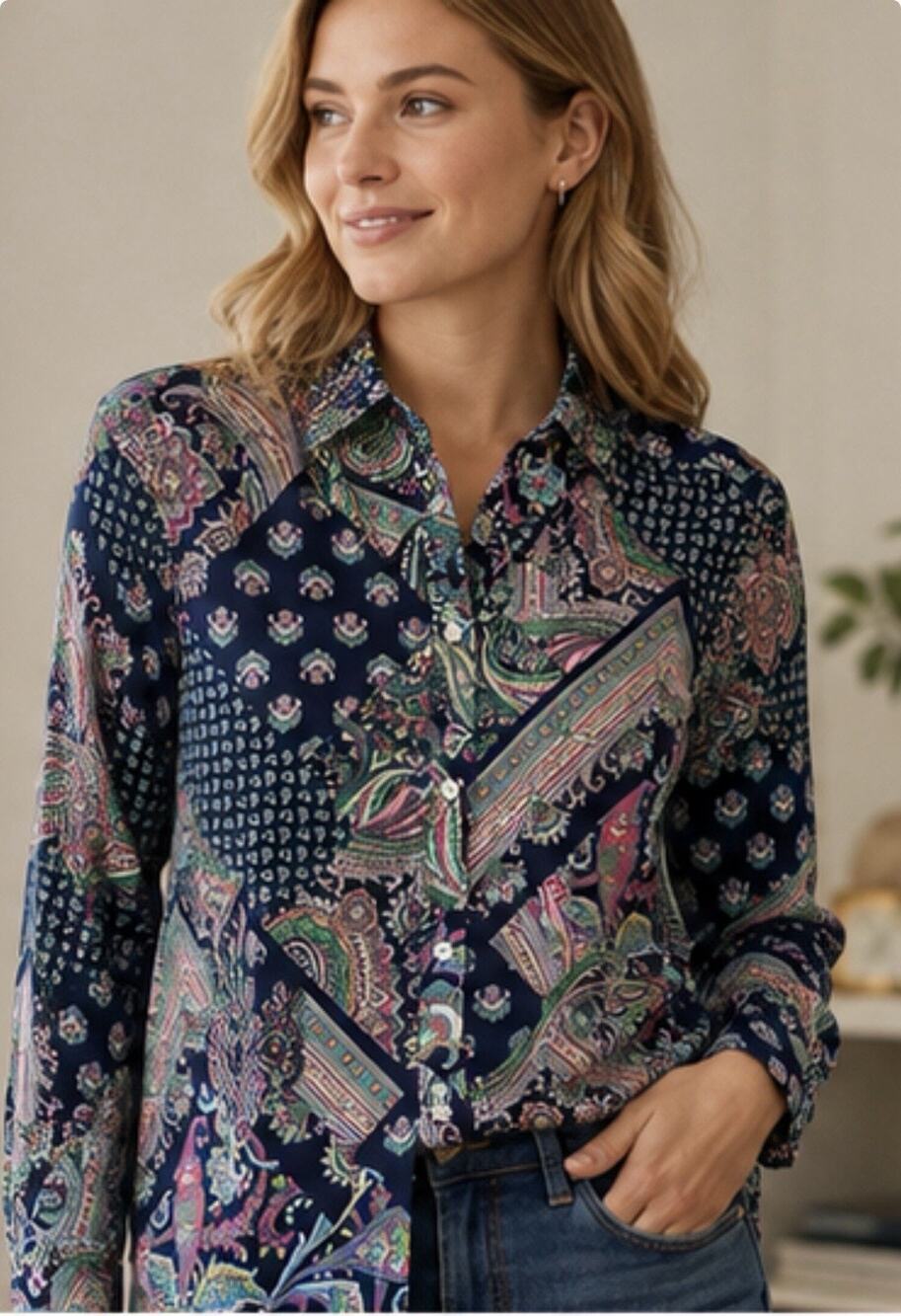 Lauren Ralph Lauren Womens L Patchwork Paisley Button Up Shirt Navy Multi
